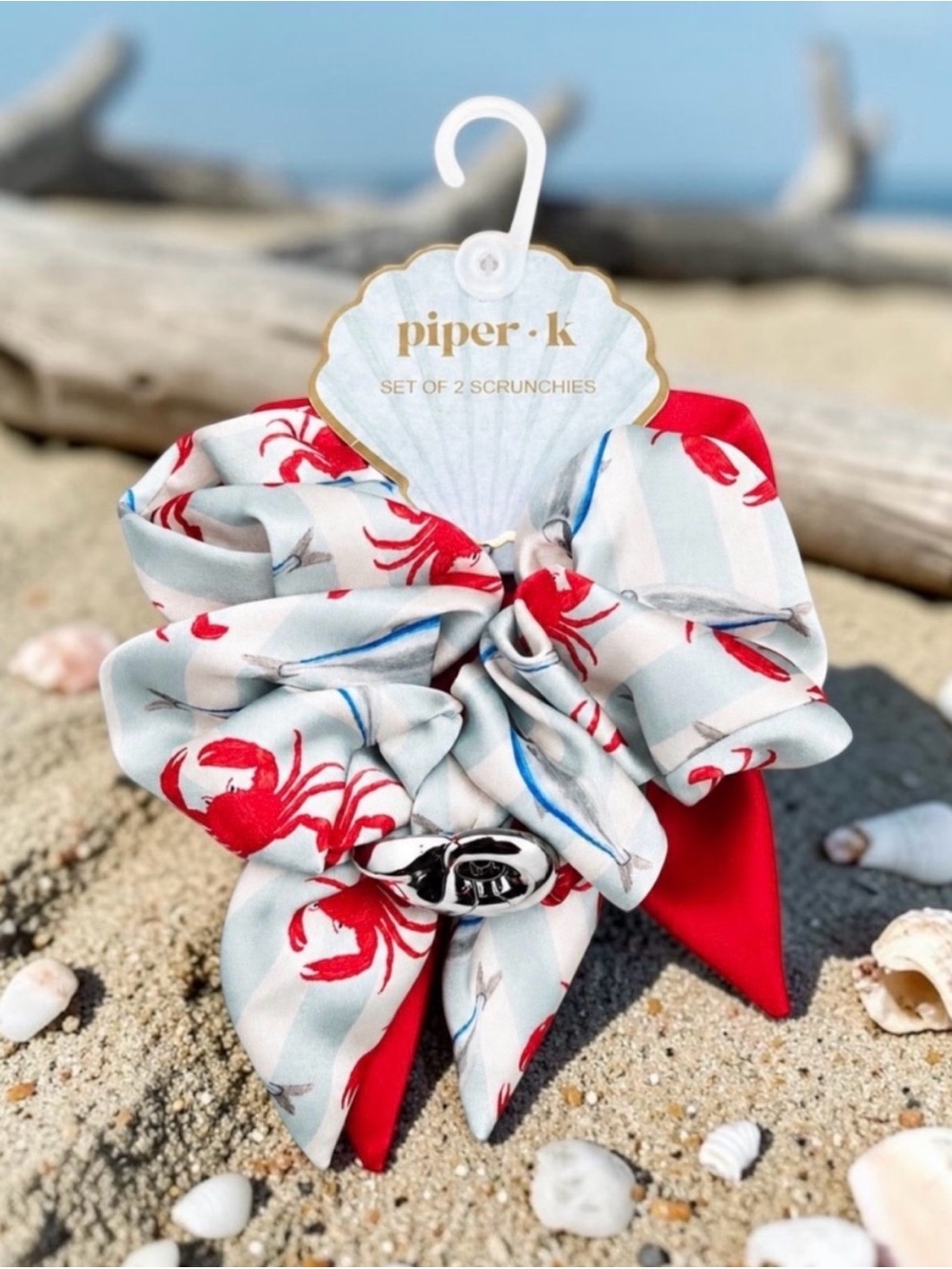 Piper Red & White Crab Print Bow Scrunchie Set